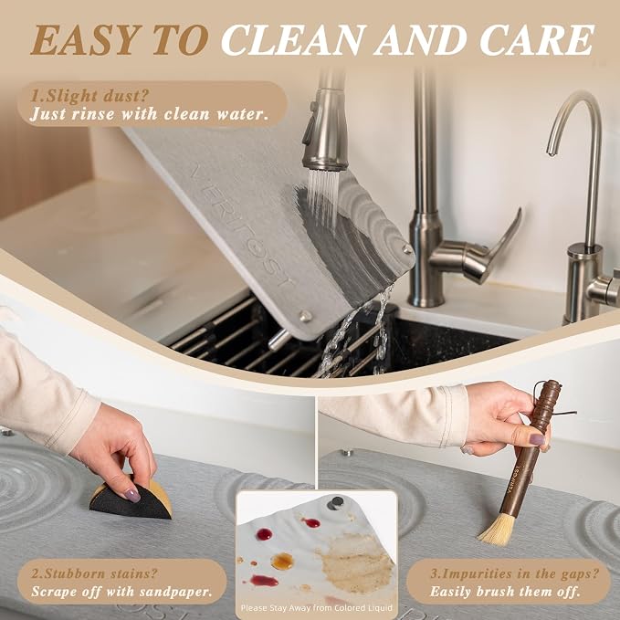 VERIFOST Nested Dish Drying Mat with Bamboo Rack for Dishes, 2Pcs Diatomaceous Earth Stone, Fast Stone Drying Mat for Kitchen Counter with Non-slip Feet, Moonlight Gray