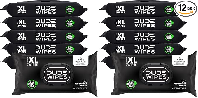 DUDE Wipes Odor Destroyer Flushable Wipes - Extra-Large Adult Wet-Wipes - Deodorizing, Lightly Scented, Controls Odor for up to 24 Hours - Septic and Sewer Safe, 48 Count (Pack of 12)