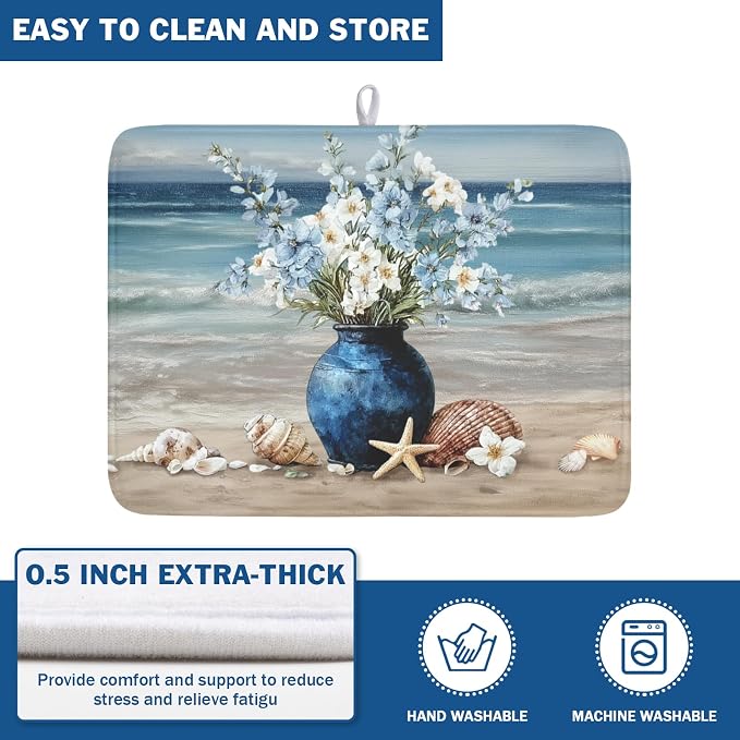 Summer Beach Dish Drying Mat for Kitchen Counter Nautical Coastal Blue Ocean Vase Floral Seashells Microfiber Dish Drainer Mat Absorbent Washable Drying Pad 18"x24"