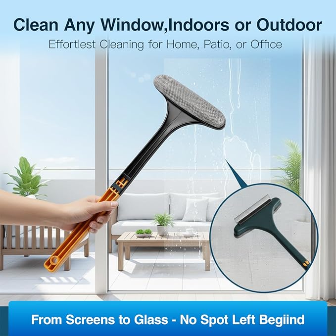 Window Mesh Screen Cleaner Brush 2 in 1 Double Sided Cleaning Tool Kit Outdoor Squeegee Washer for Glass Scrubber Multifunctional Wet & Dry Long Limpiador De Ventanas De Vidrio Scraper