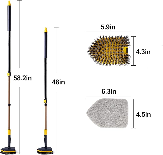 Yocada Tub Tile Scrubber Brush 2 in 1 Cleaning Brush 4*Scouring Pads 58.2" | Adjustable Telescopic Pole Stiff Bristles for Cleaning Bathroom Kitchen Toilet Wall Tub Tile Sink Non Scratch