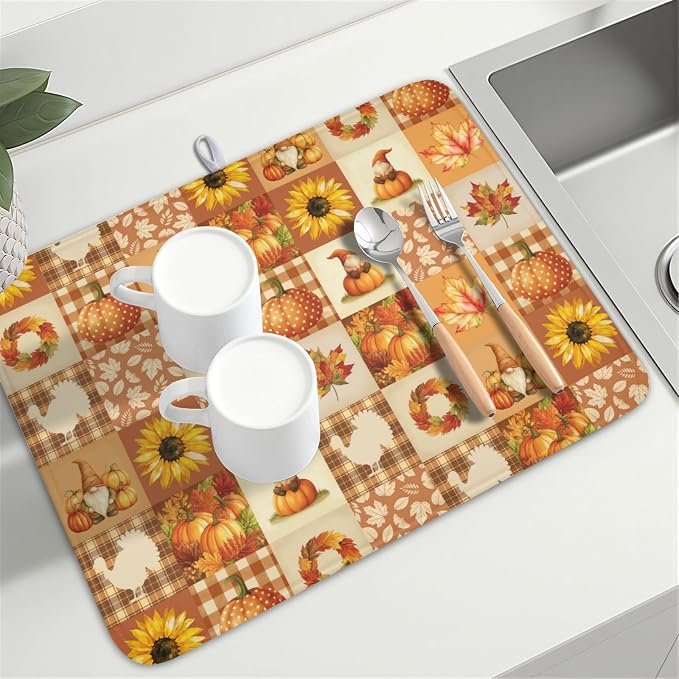 Fall Thanksgiving Dish Drying Mat for Kitchen Counter Autumn Harvest Orange Dish Drainer Mat Rustic Absorbent Washable Drying Pad 18"x24"