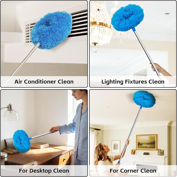 DRQ Ceiling Fan Cleaner Duster, Reusable Microfiber Duster with Extension Pole, 13 to 48 Inch Fan Blade Cleaner, Removable Dusters for Cleaning Walls Bookshelves Door Window Top (Blue)