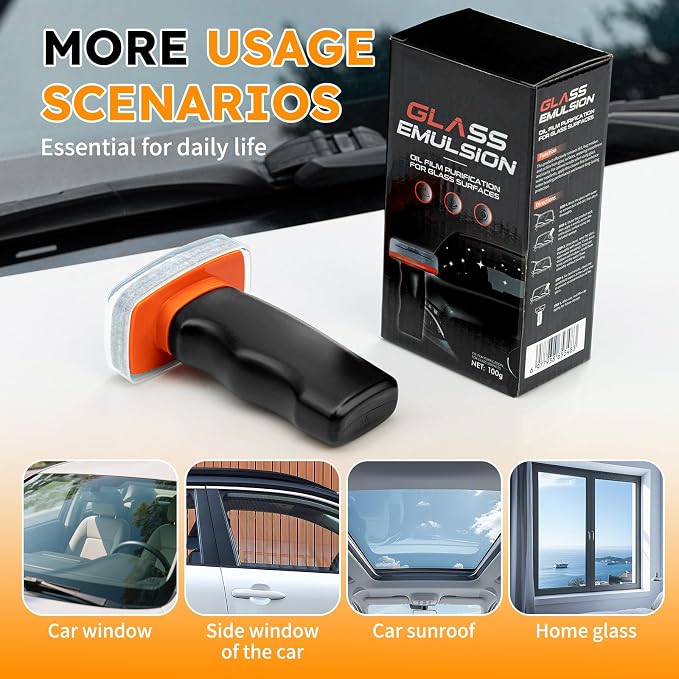Glass Oil Film Remover for Car Windshield, Handheld Roll-On Glass Emulsion Cleaner with cleaning board, Removes Stubborn Oil Film & Grime for Improved Windshield Clarity for Safe Driving(3.5oz) (1PCS)