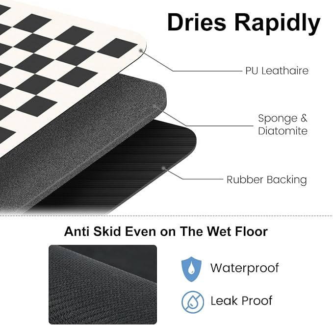 Clinuse Coffee Mats, 19"x12" Checkered Dish Drying Mat for Kitchen Counter, Quick Dry Mat, Diatomite Absorbent Aesthetic Large Drying Mats for Coffee Bar - Black White