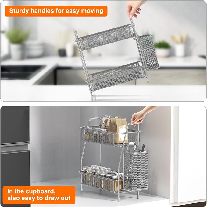 LEMIKKLE Spice Rack Organizer for Kitchen Counter, Spices Organizer and Storage Seasoning Organizer for Cabinet, Kitchen Metal Countertop Organizer with Side Basket (Grey)