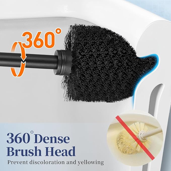 HAMITOR Toilet Bowl Brush Holder Set: Classic Round Bristle Head Deep Cleaning Cleaner Scrubber with Tall Caddy for Restroom - Home Bathroom Decor Accessories - Black 3 Pack