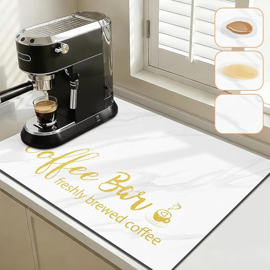Findosom Dish Drying Mat, 18" x 24" Super Absorbent & Hide Stain Coffee Mat, Cuttable Drying Mat for Kitchen Counter, Coffee Bar Accessories, Under Dish Rack, Coffee Maker, Espresso Machine, White