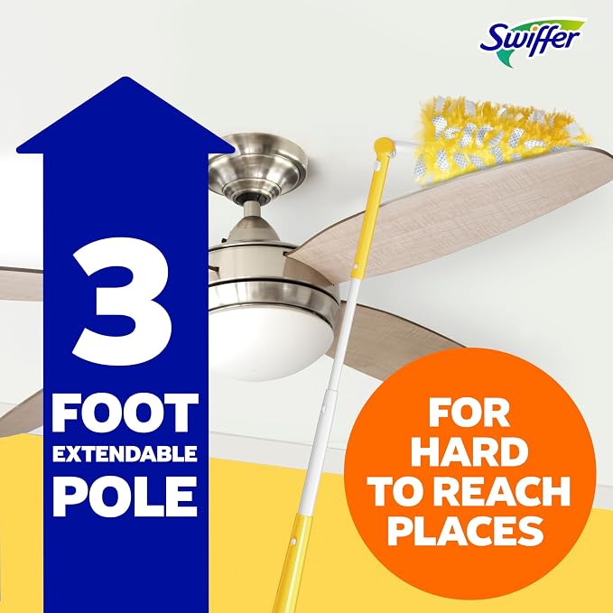 Swiffer Duster Kit with 3 ft Extendable Handle | Includes 1 Duster Extendable Handle (3 ft). 3 Heavy Duty Duster Refills. For Ceiling Fans, Vents, and Hard to Reach Places