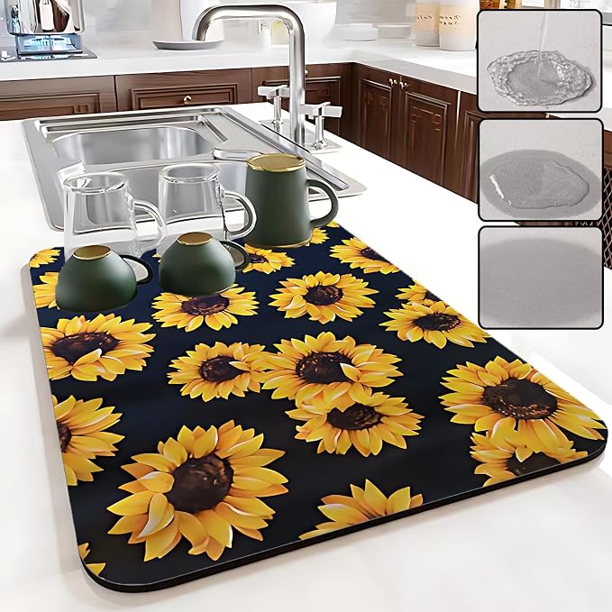 Sunflower Kitchen Decor,Dish Drying Mat Absorbent Kitchen Drying Mat Easy To Clean Dish Mat(sunflower) (16inches*18inches)