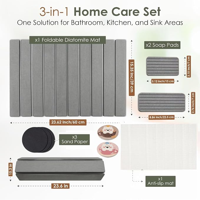 Large Stone Dish Drying Mat for Kitchen Counter, Foldable Quick Dry Stone Dish Mat, Diatomaceous Earth Water Absorbing Pad for Plate Utensils Rack Bottles, Any Countertop (Dark Gray 24"×16" & 2*8"x4")