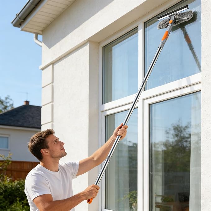 SetSail Window Squeegee with 66in Extension Pole 2-in-1 Window Cleaning Kit | Professional Window Cleaner Tool for Outdoor Indoor Car Windows Glass, Rotatable Head and 2 Scrubbers, Grey Orange