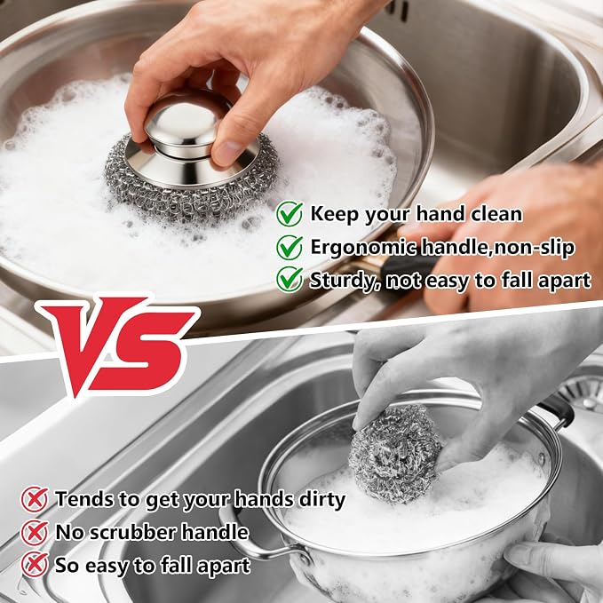 Steel Wool Scrubber, 4-Pack Stainless Steel Scrubber Pads with Handle - The Ultimate Scouring Solution for Rust, Stubborn Messes on Cookware, Grill, Oven & Kitchen Sinks