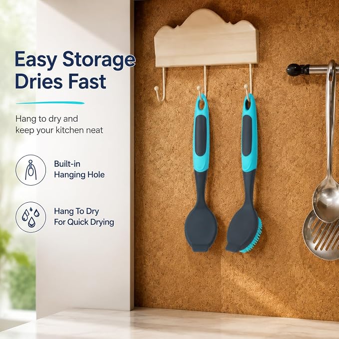 2-Pack Dish Brush with Handle, Kitchen Dish Scrubber Soft Dishwashing Brush for Cleaning Pots, Pan, Sink