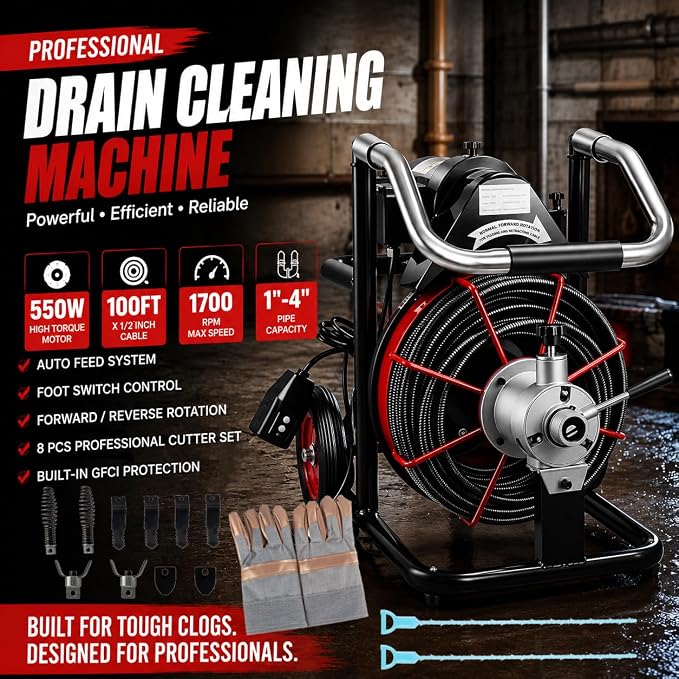 100 FT x 1/2 Inch Drain Cleaner Machine, 550W Electric Drain Auger with Auto Feed, Foot Switch & 8 Cutters, Sewer Snake for 1–4 Inch Pipes, Commercial Drain Cleaning Machine