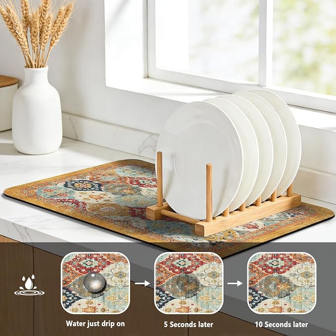 Dish Drying Mat, Vintage Rustic Boho Kitchen Dishes Absorbent Pad, 16x18in | Eco-friendly diatomite with non-slip rubber backing. Super absorbent mat for kitchen counters, coffee bars & sinks