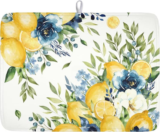 Blue Floral Camellia Lemon Dish Drying Mat 18x24 Inch | Polyester，Absorbent Microfiber，for Kitchen Coffee Dining Bar Decor