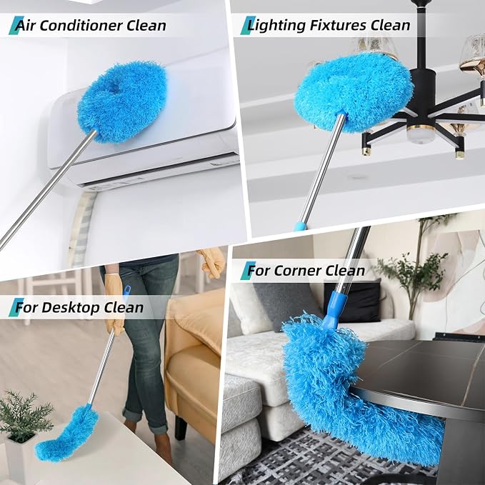 DRQ Ceiling Fan Cleaner Duster, 2 Pack Reusable Microfiber Duster with Extension Pole, 13 to 48 Inch Fan Blade Cleaner, Removable Dusters for Cleaning Walls Bookshelves Door Window Top (Blue)
