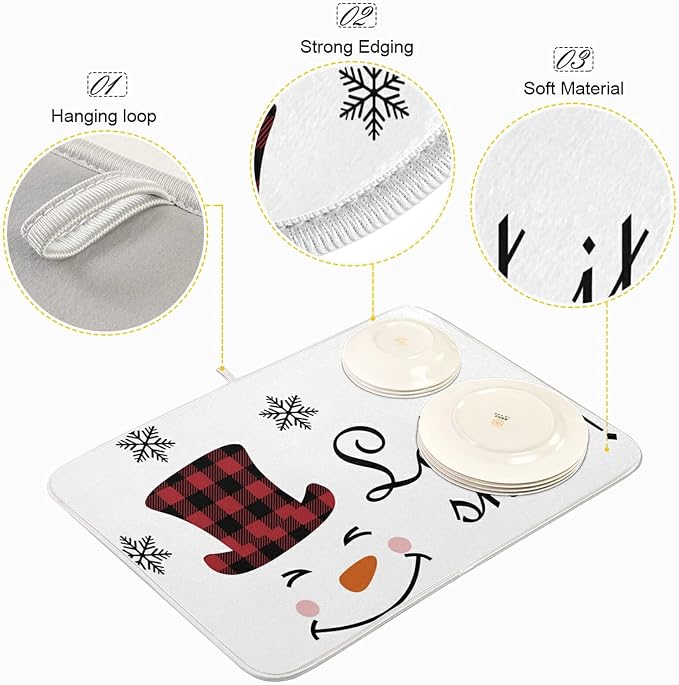 Super Absorbent Dish Drying Mat, Microfiber Fast-Drying Dish Mat, 16" x 18", Kitchen Dish Drying Pad, Watercolor Cute Christmas Winter Snowman
