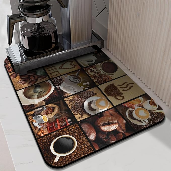 Coffee Bar Mat Accessories for Countertop Super Absorbent Anti-Slip Silicone Flower Dish Drying Mats for Kitchen Counter Draining Pad Decor Gift Fit Coffee Maker Espresso Machine 24inx18in