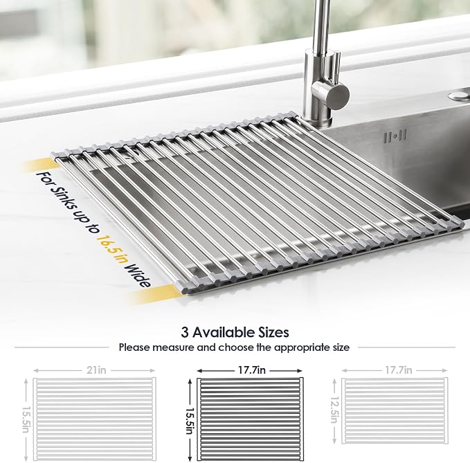 Tomorotec 17.7" x 15.5" Roll Up Dish Drying Rack Over Sink Drying Rack Sink Cover Kitchen Sink Accessories Gadget Multipurpose Organizer Foldable Stainless Steel Drainer (Grey)
