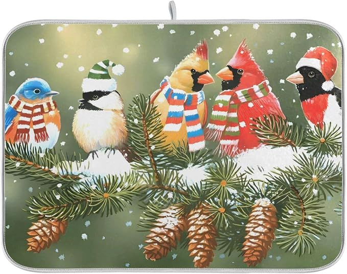 Absorbent Dish Drying Mat for Kitchen Counter - Christmas Birds Snow Microfiber Drying Pad, Reversible Drainer Mats for Countertop, Large 18" x 24"