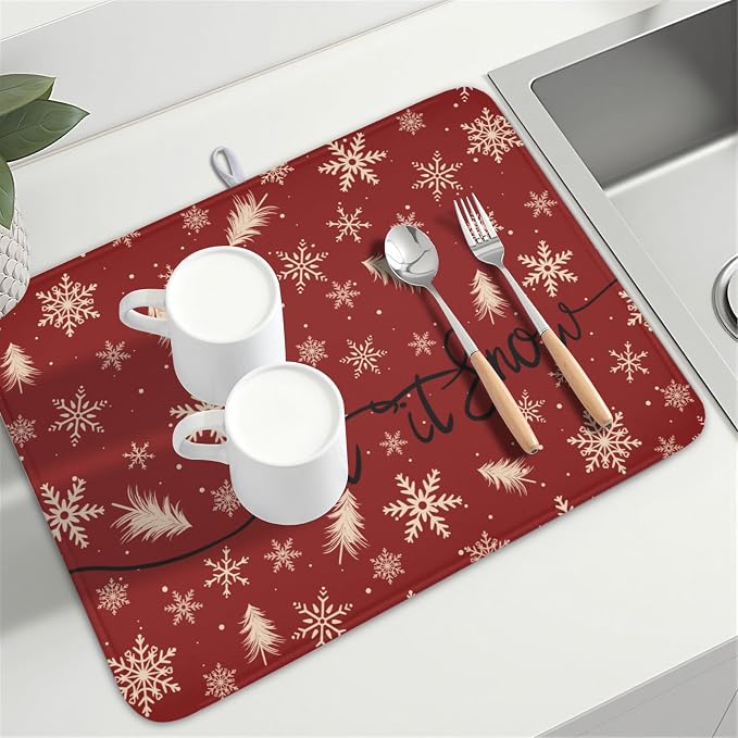Christmas Snowflake Dish Drying Mat for Kitchen Counter 18x24 Inch | Red Xmas Theme Snowflakes Trees Snowy Dish Drainer Mat Rustic Winter Holiday Absorbent Washable Drying Pad
