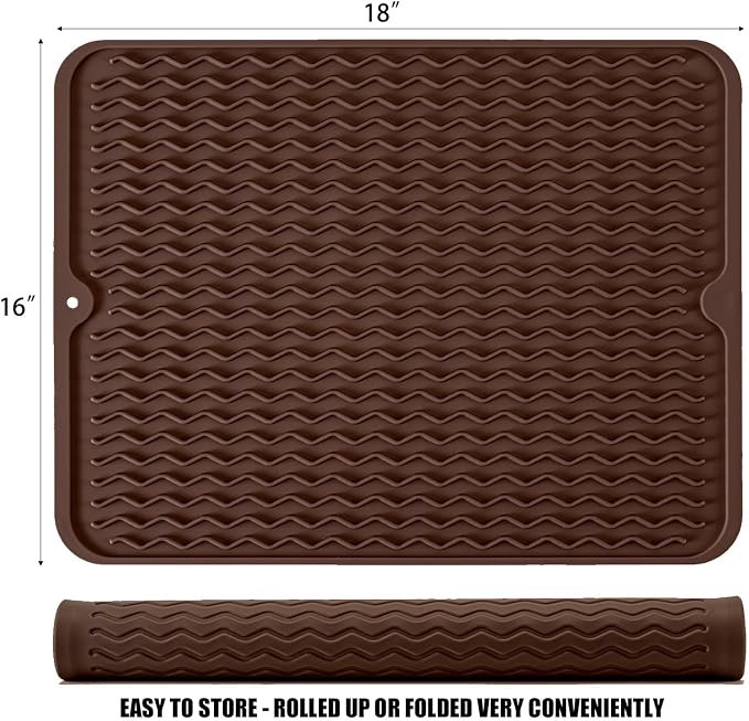 Silicone Dish Drying Mat, Non-Slip Easy Clean Sink Mat Large Heat-resistant Dish Drainer Mat for Kitchen Counter, Sink, Refrigerator or Drawer liner (18" x 16", COFFEE)