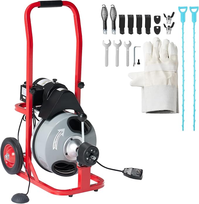 Albott 50 FT x 3/8 inch Electric Drain Cleaner Machine with Auto-Feed & 10 Cutters, Sewer Snake Auger for 1–4 Inch Pipes, Foot Switch & Wheels, Ideal for Home & Commercial Use, Gray/Red