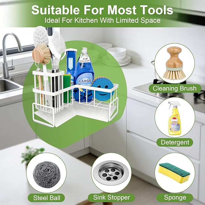 Fikoksol Large Sponge Holder for Kitchen Sink, 90-Degree Sink Caddy Organizer with Dish Brush Holder for Countertop Corner Storage Rack, White Metal L Kitchen Sink Sponge Soap Organizer Storage Ideas