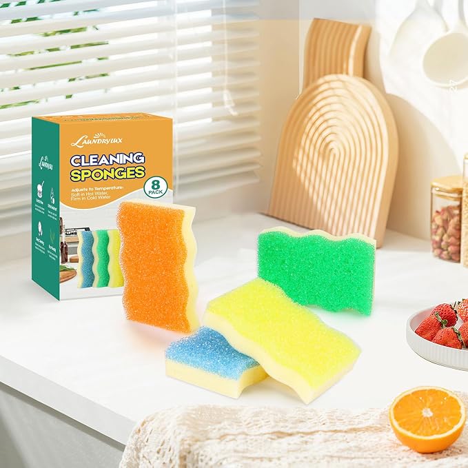 LAUNDRYLUX Scrub Sponge, 4 Pack Dual-Sided Temperature-Responsive Scrubber - Non-Scratch - Multipurpose Dish Sponges for Kitchens, Bathrooms, and Outdoor Use - Wave-Shaped