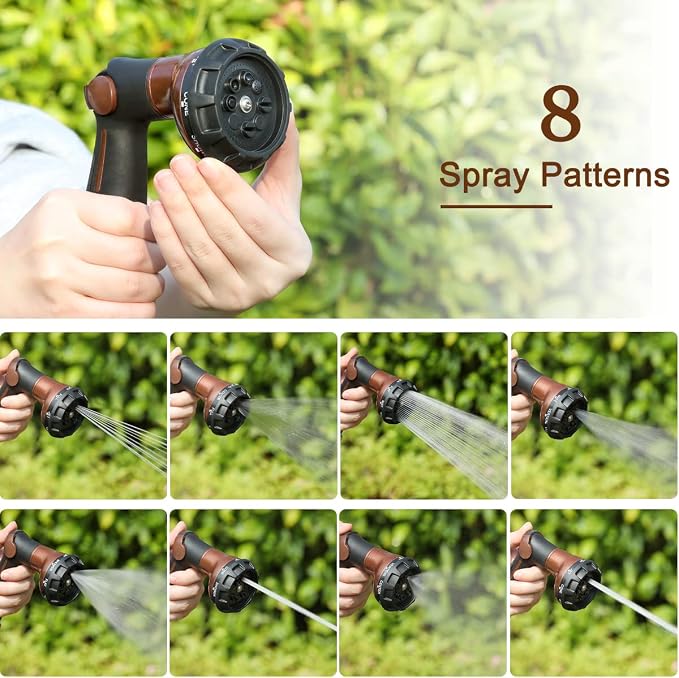 FANHAO Heavy Duty Garden Hose Nozzle, Metal Hose Sprayer Easy Thumb Control | 8 Spray Patterns, Rustproof Water Nozzle, Non-Slip Ergonomic Grip, Elder & Child Friendly for Garden, Car & Pet, Brown