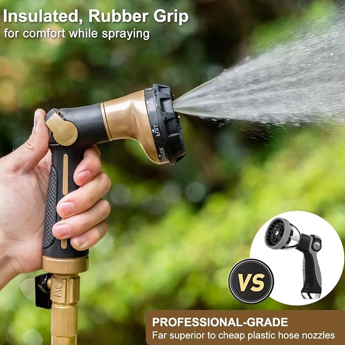 FANHAO Heavy Duty Garden Hose Nozzle, Metal Hose Sprayer Easy Thumb Control | 8 Spray Patterns, Rustproof Water Nozzle, Non-Slip Ergonomic Grip, Elder & Child Friendly for Garden, Car & Pet, Khaki
