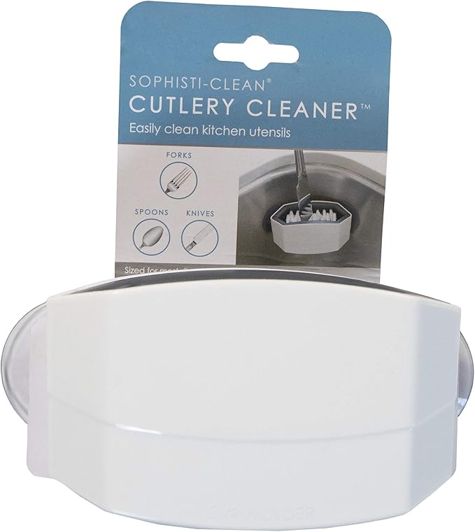 Cutlery Cleaner Brush, Suctioned in-Sink Silverware Scrubber, Non-Scratch Bristles, Easily Clean Utensils and Sharp Knives, Convenient Kitchen Gadget, White