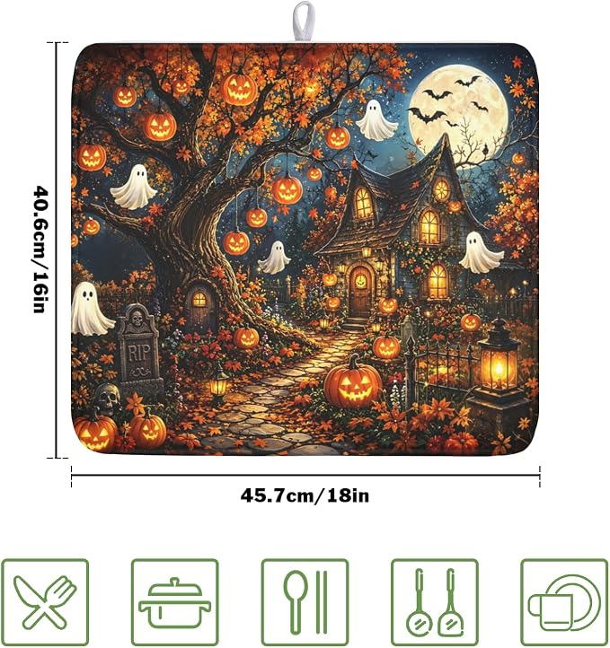 Halloween Dish Drying Mat for Kitchen Counter Seasonal Holiday Fall Spooky Pumpkin Ghost Microfiber Dish Drainer Mat Vintage Rustic Absorbent Washable Drying Pad 16"x18"