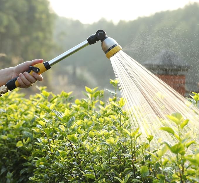 FANHAO 16 Inches Garden Watering Wand, 180° Rotating Head Hose Wand with Thumb Control Shut Off Valve 8 Patterns Heavy Duty Garden Hose Nozzle Yellow