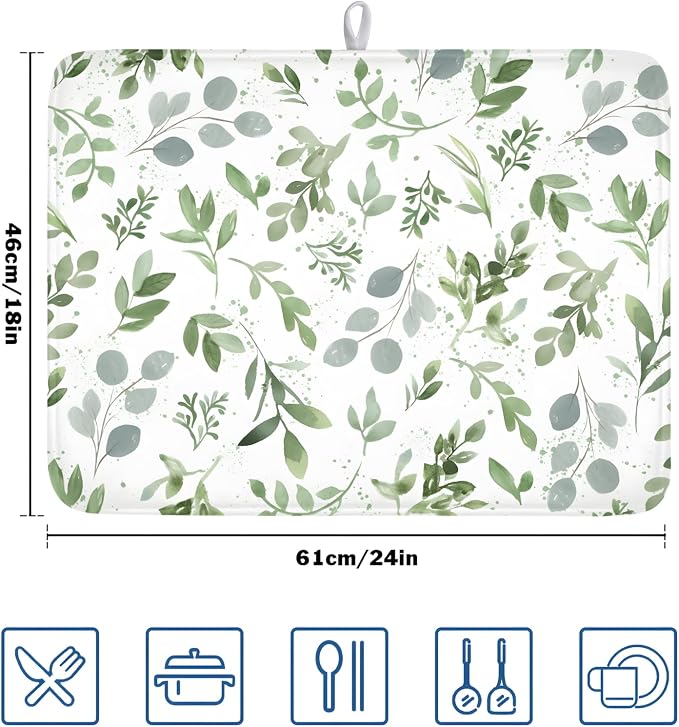Spring Summer Sage Green Leaves Dish Drying Mat 18x24 Inch | Eucalyptus Leaf，Polyester，Absorbent Microfiber，for Kitchen Coffee Dining Bar Decor