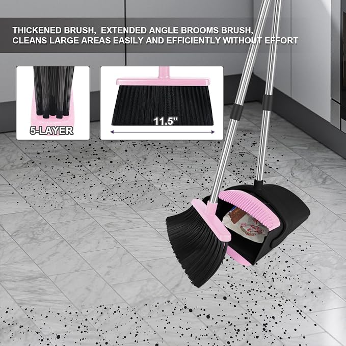 Pink Broom with Dustpan Combo Set, 51" Long Handle Household Cleaning Tool, Ideal Broom and Dustpan Set for Pet Hair and Home Use