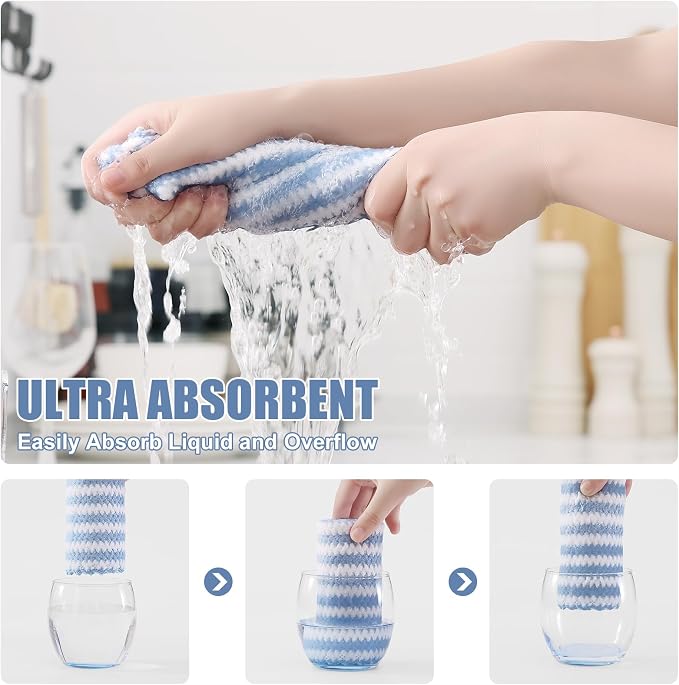 Homaxy Kitchen Towels(6 Pack, 10 x 20 inches), Ultra Soft and Absorbent Dish Towels, Reusable Fast Drying Microfiber Cleaning Cloth, Coral Velvet Wave Design No-lint, Blue