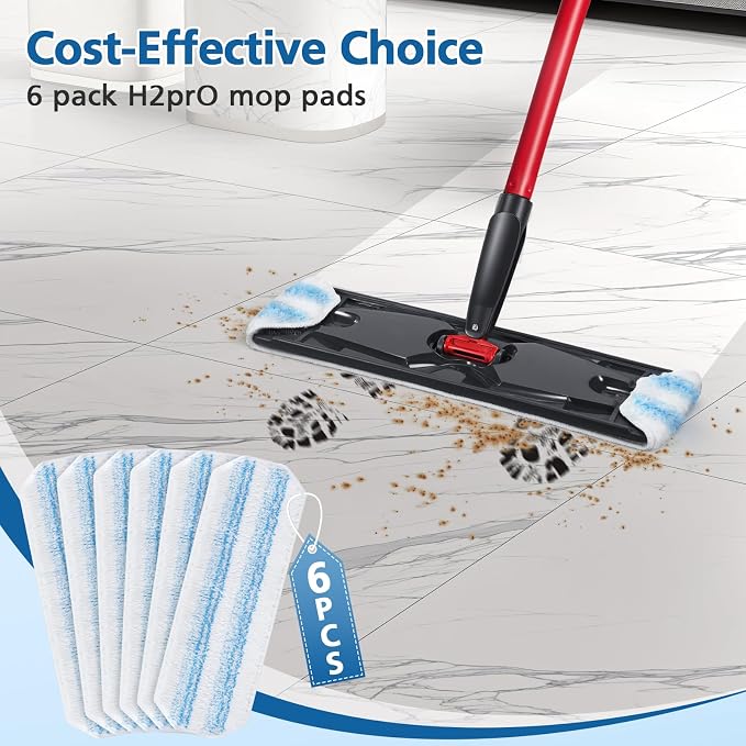 6 Pack H2prO Mop Pads Compatible with O Ceda H2PrO Flat Mop System | 100% Microfiber Mop Head Replacements, Washable and Reusable for H2prO Mop Refills, White