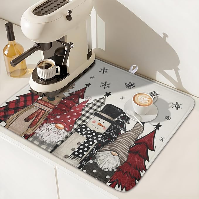 Giwawa Winter Snowman Gnome Dish Drying Mat Xmas Tree Dishes Pad 16"x18" Microfiber Fast Dry Dish Drainer Rack Mats Kitchen Countertop Accessories