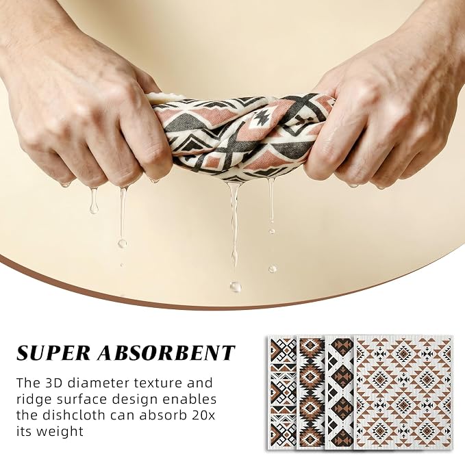 Swedish Dishcloths for Kitchen - 4 Pack Western Aztec Vintage Themed Reusable Paper Towels, Non-Scratch Cellulose Cloths, No Odor, Biodegradable Cleaning Cloths