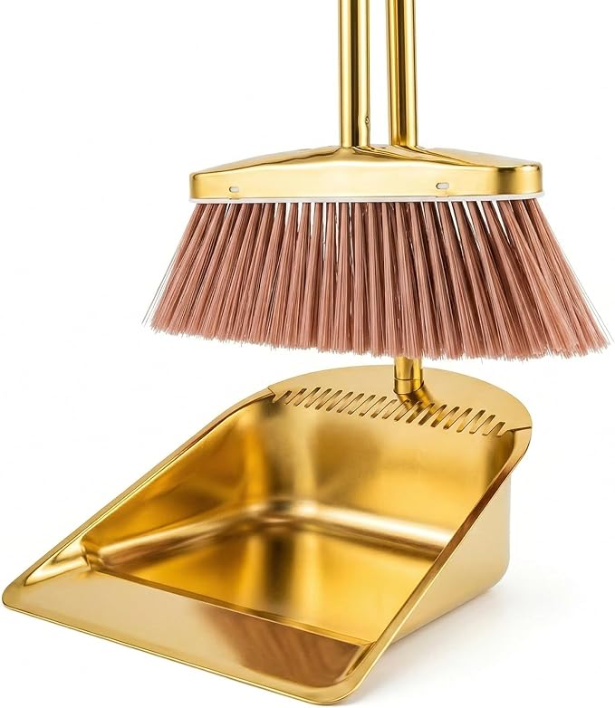 Broom and Dustpan Set Heavy Duty, Gold Stainless Steel Broom with Dustpan Combo Set, Long Handle Upright Metal Dust Pan with Comb Teeth for Pet Hair, Home, Kitchen and Office (Golden Teeth)