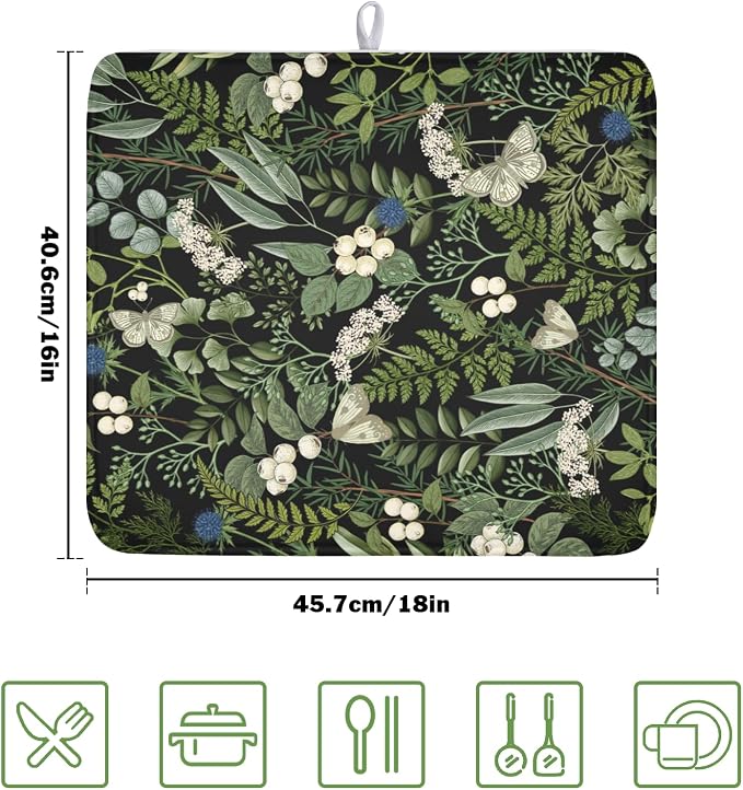 Sage Green Botanical Fruit Dish Drying Mat 16x18 Inch | Butterfly，Polyester，Absorbent Microfiber，for Kitchen Coffee Dining Bar Decor