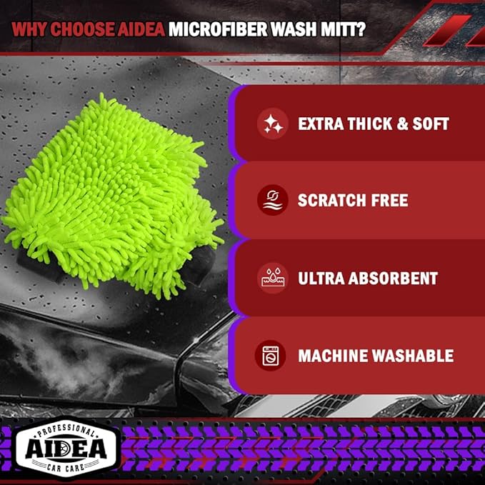 AIDEA Car Wash Mitt Microfiber-2PK, Car Wash Brush, Green, 7.12''X10.14'' | Scratch Free Lint Free, Premium Chenille Microfiber Mitt, Car Cleaning Supplies, Regular Size