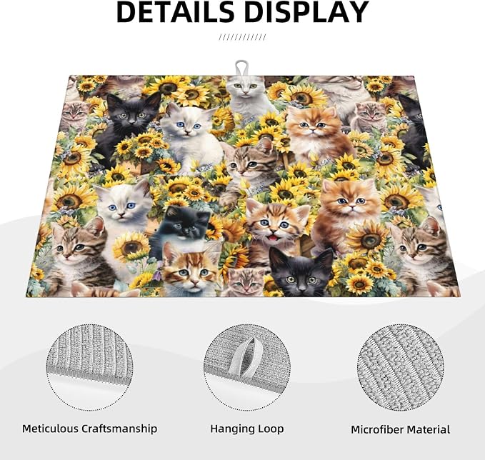 Cute Cat Dish Drying Mat 18 x 24 Inch for Kitchen Counter Cute Kitchen Mat Microfiber Kitchen Countertop Absorbent Reversible Drainer Rack Pad Dish Drying Mat