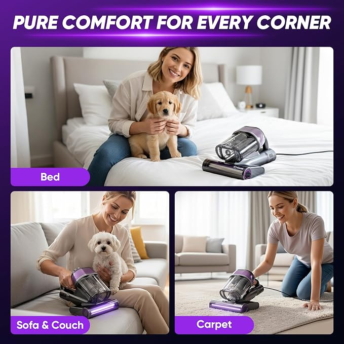 Saker Mattress Vacuum Cleaner, Handheld Bed Vacuum Cleaner with 16KPa Suction UVC Light, 140°F Heated Air, HEPA Filter, Aroma Function, 16.4FT Cord for Cleaning Bed, Sofa, and Couch