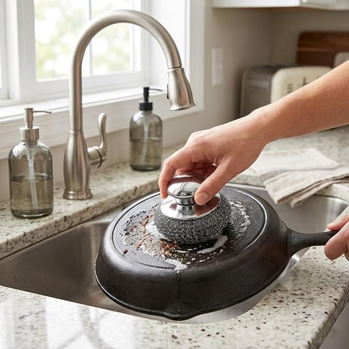 Steel Wool Scrubber, 8-Pack Stainless Steel Scrubber Pads with Handle - The Ultimate Scouring Solution for Rust, Stubborn Messes on Cookware, Grill, Oven & Kitchen Sinks