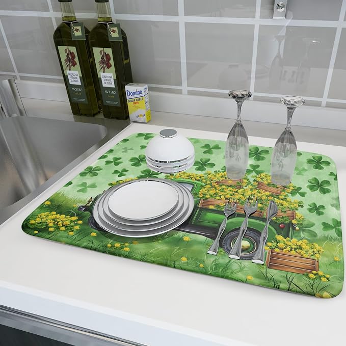 Green Holiday Dish Drying Mat Lucky Clover Truck Drying Mat for Kitchen Counter 18 X 24