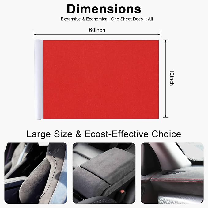 Premium Red Suede Fabric Wrap - 12x60 inch Suede Wrap for Car Interior - Self-Adhesive Microfiber and Synthetic Leather, Stretchable Interior Film for Car and Home Decor